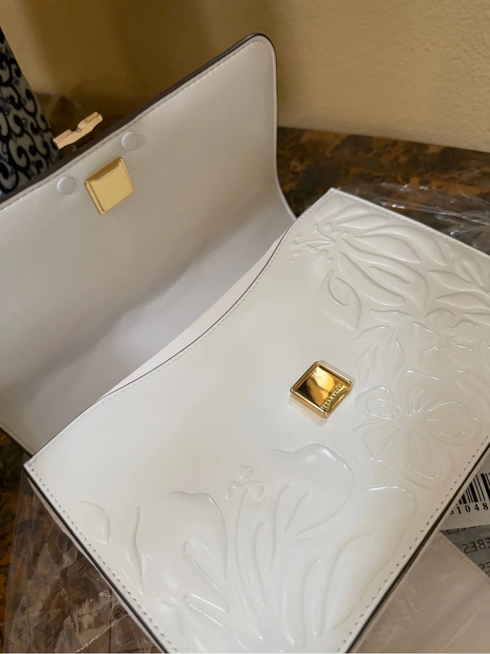 Tory Burch White Floral Embossed Leather Chain Shoulder Bag